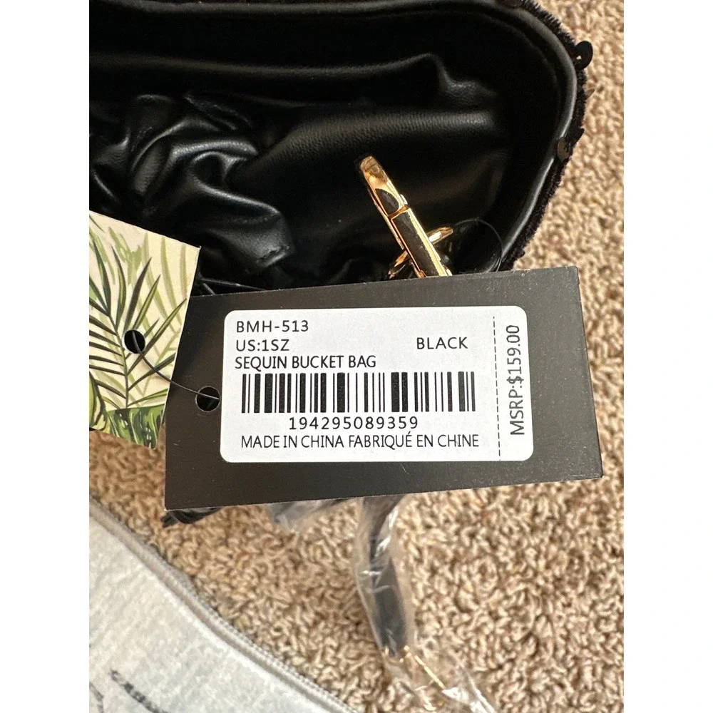Badgley Mischka Black Sequin Bucket Bag BMH513 Gold Chain‎ Charm